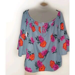 Charlotte Russe Women's XL Boho Green Floral Bell Sleeves Keyhole Tie Neck USA